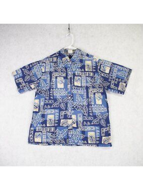 Vintage Go Barefoot Mens Hawaiian Aloha Shirt Blue Tropical Print Cotton Size XL